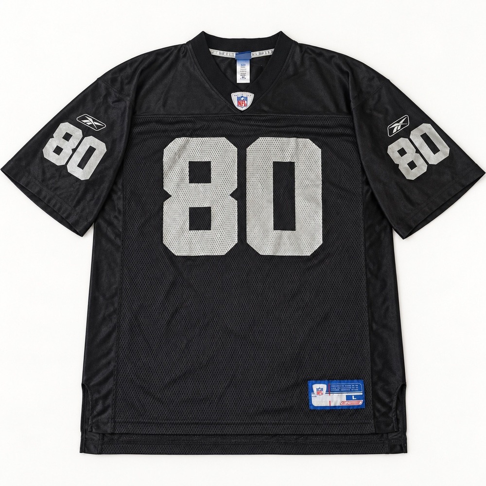 Reebok NFL Jerry Rice Oakland Raiders Jersey Black Silver 80 Mens Large R7009A